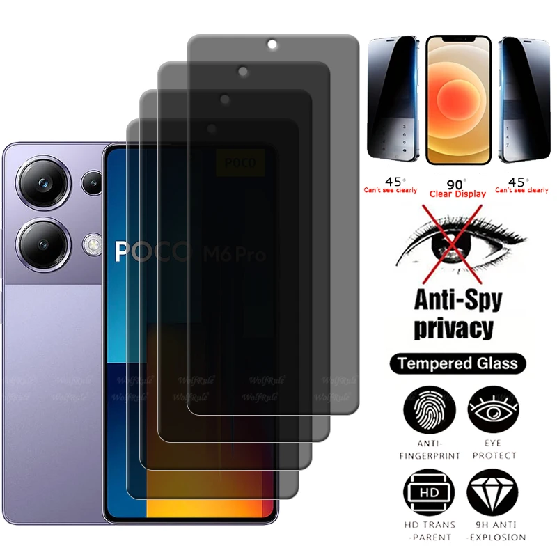 

4Pcs For Poco M6 Pro Glass Xiaomi Poco M6 Pro Tempered Glass Protective 9H HD Privacy Anti-Spy Glue Screen Protector Poco M6 Pro