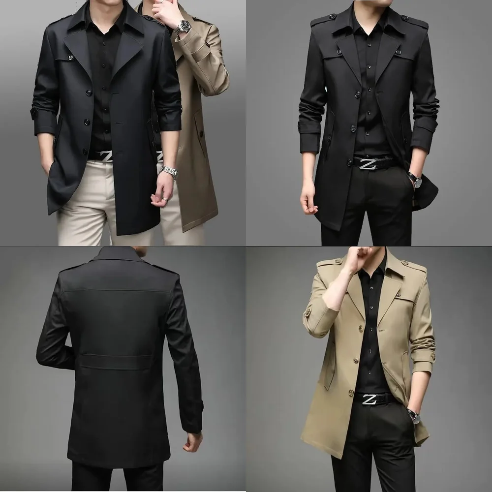 

Mens Trench Coat Spring Autumn Business Casual Long Overcoat Dad Style Single Jacket