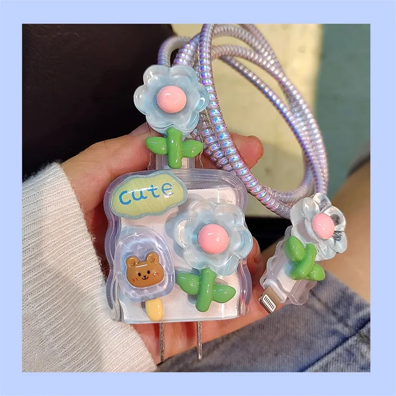 Cute Cartoon Ice Cream Bear Flower Charger Cover For IPhone 11 12 13 14 15 18W-20W Clear Charge Protection Cover Charger Sleeve