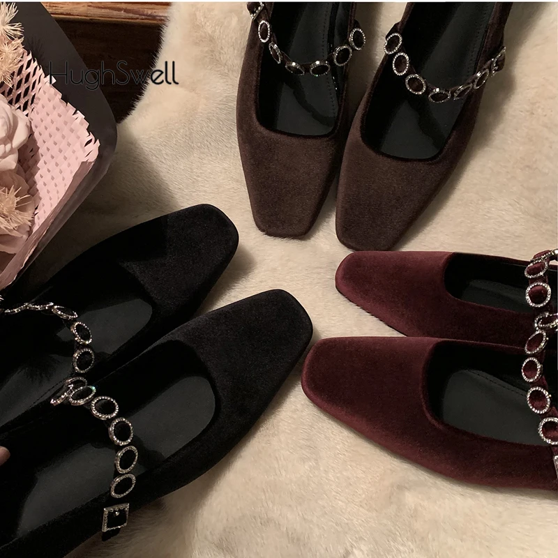 

Luxury Rhinestone Buckle Velvet Mary Janes Woman Elegant Square Toe Velour Ballet Flat Ladies Brand Design Crystal Evening Shoes