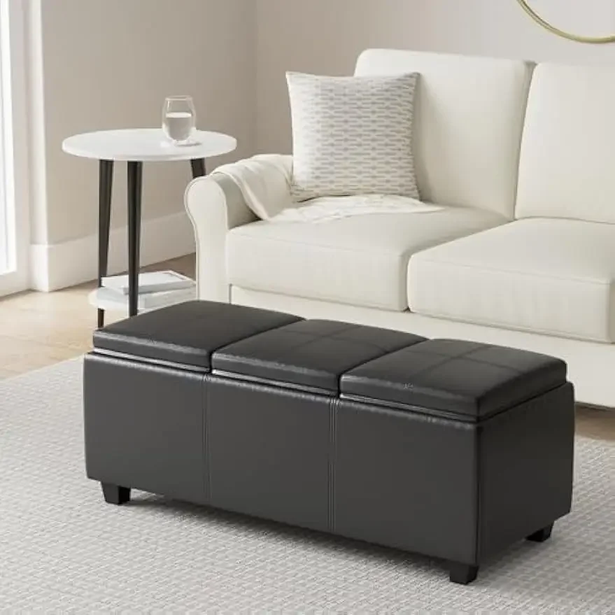 Avalon 42 Inch Wide Contemporary Rectangle Storage Ottoman in Midnight Black Vegan Faux Leather, For the Living Room,