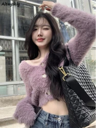 Women Fluffy Cardigans Sexy V-neck Crop Sweaters Knitted Outerwear Sweet College Streetwear Aesthetic Female Stylish Autumn Slim