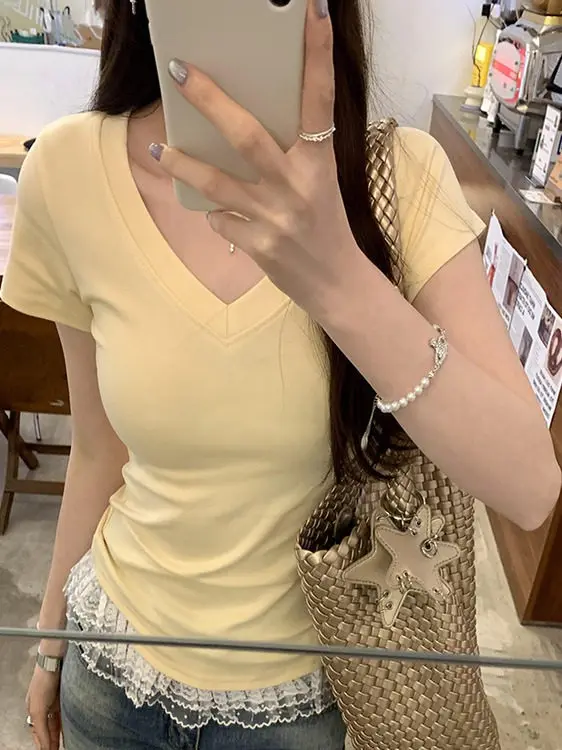 American Sle Hot Girl T-shirt blanc femme hiver basique cinquant la taille ort Sve v-ne Base irt coton coupe régulière