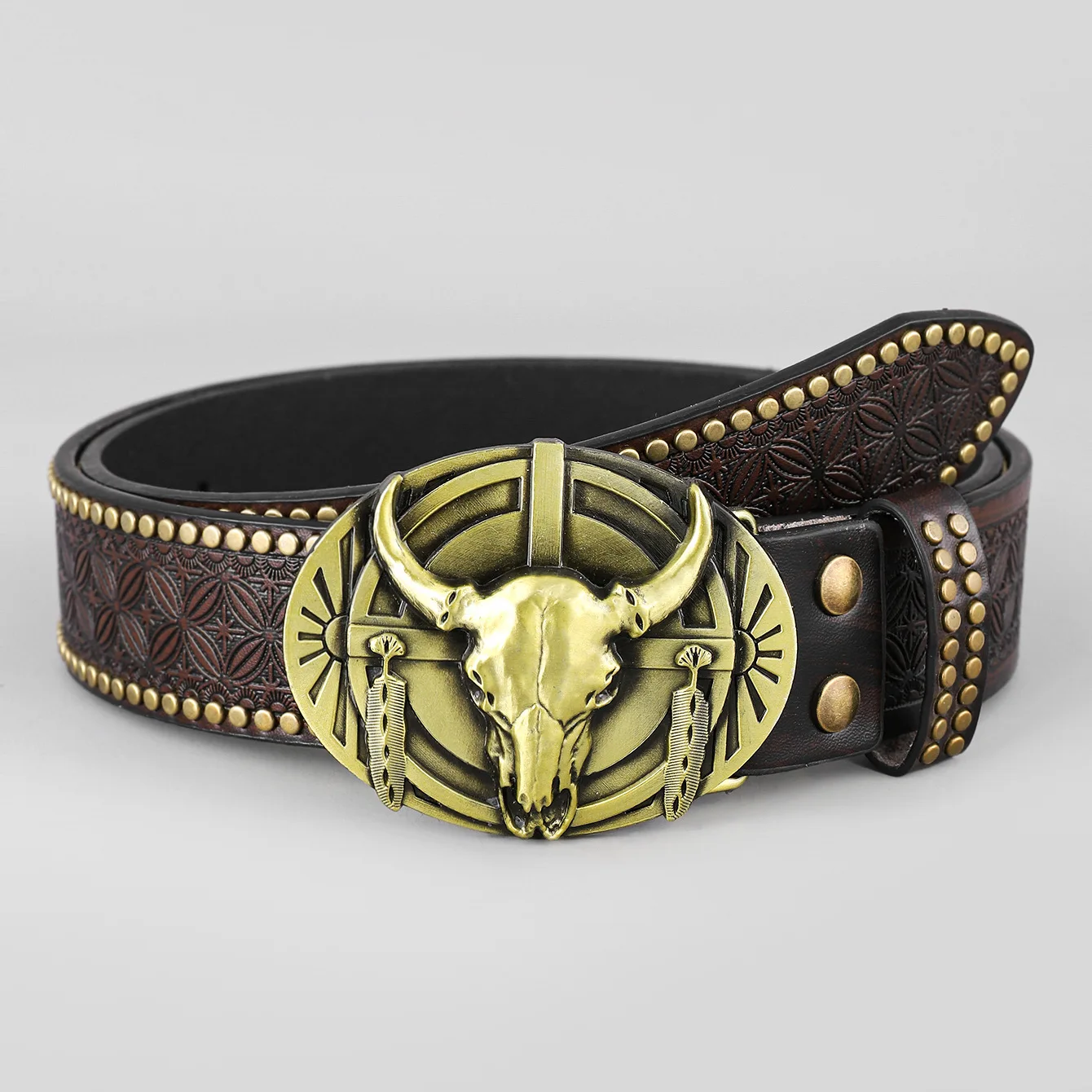 Western cowboy belt, cow head horse gear, trendy retro youth punk embossed men's rivet leather belt