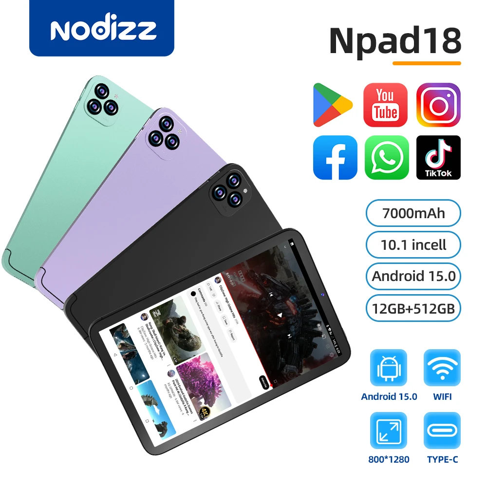 

Nodizz New NPad 18 10 inch 2K Tablet Android 14 4GB+8GB RAM 512GB ROM T606 octa-core 8000mAh 5G WiFi+SIM Dual camera GPS Tablets