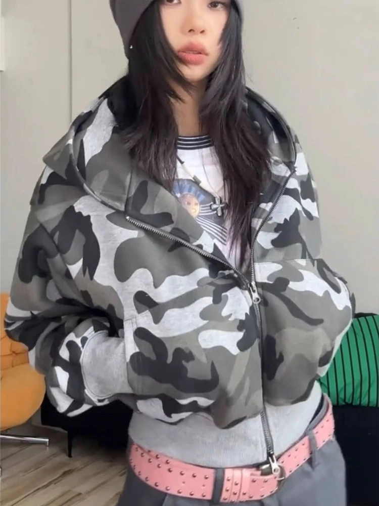 

Женский камуфляжный короткий кардиган с капюшоном в американском стиле для девочек Y2k, винтажная модная утягивающая куртка, осенне-зимние повседневные топы, верхняя одежда, новинка