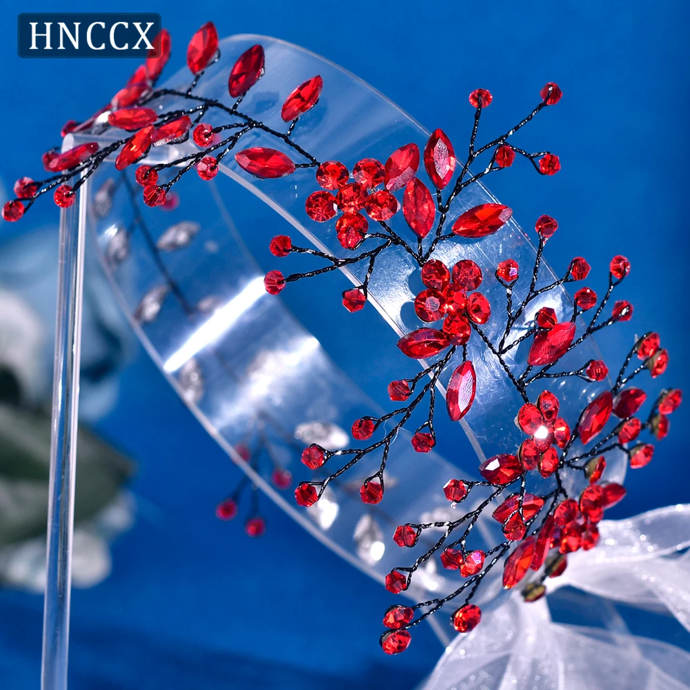HNCCX Elegant Red Color Rhinestone Flower Bride Hair Vine Handmade Headpieces For Outdoor Wedding Banquet Prom Hair Band HP65 image 3