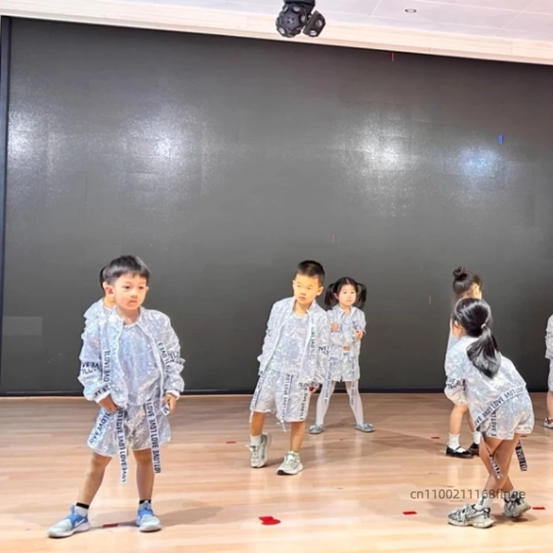 Trajes de desempenho de dança jazz infantil, trajes de desempenho de lantejoulas de dança moderna, conjuntos de dança de rua para meninos e meninas