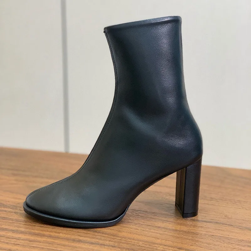 Chelsea Boots Women Chunky High Heels Short Boots Real Leather Ankle Botas British Style Autumn Winter Shoes Zpatos de mujer