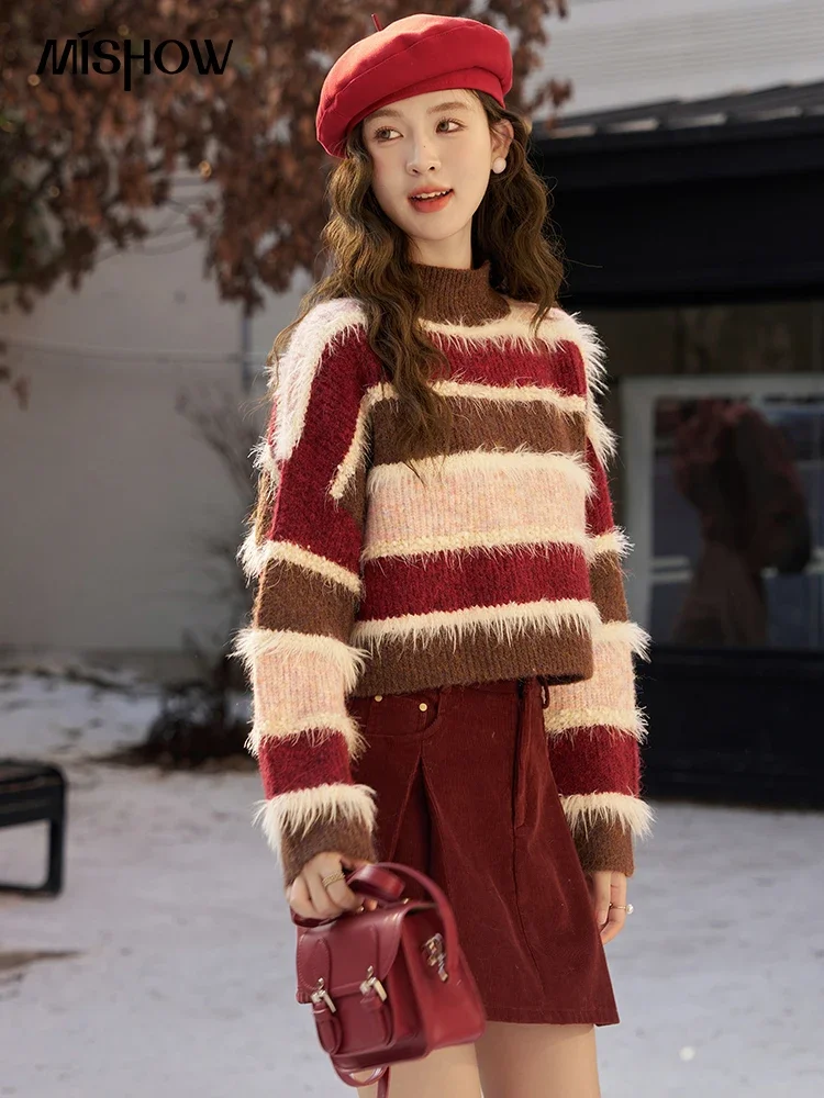 MISHOW Striped Pullover Sweater Women Autumn Winter Fashion Retro Casual Loose Ladies Crop Knitted Top Jumpers Woman MXC57Z0285