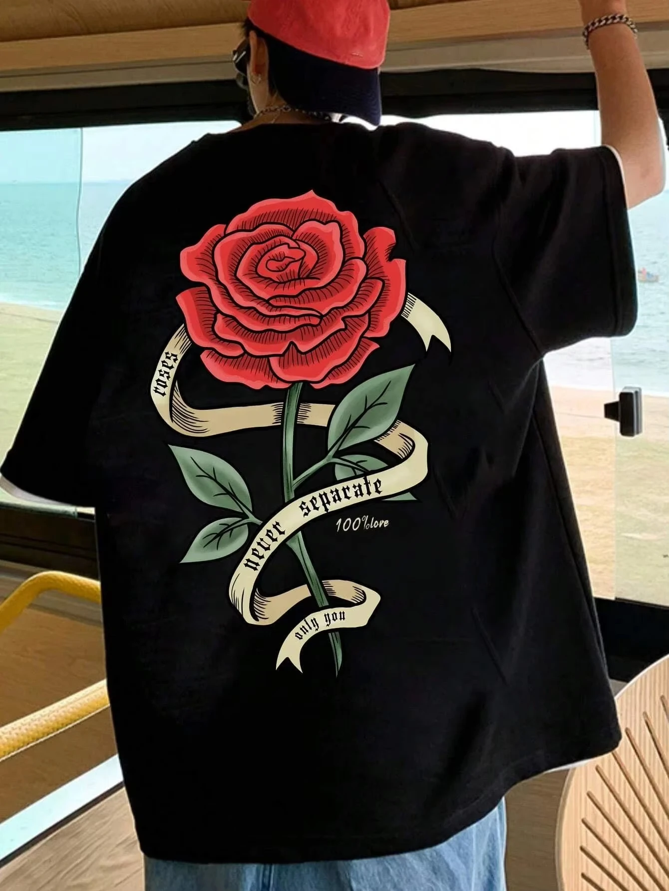 

Motorcycle New quality men's and women's T-shirt red rose print cotton breathable T-shirt oversized loose T-shirt short sleeve