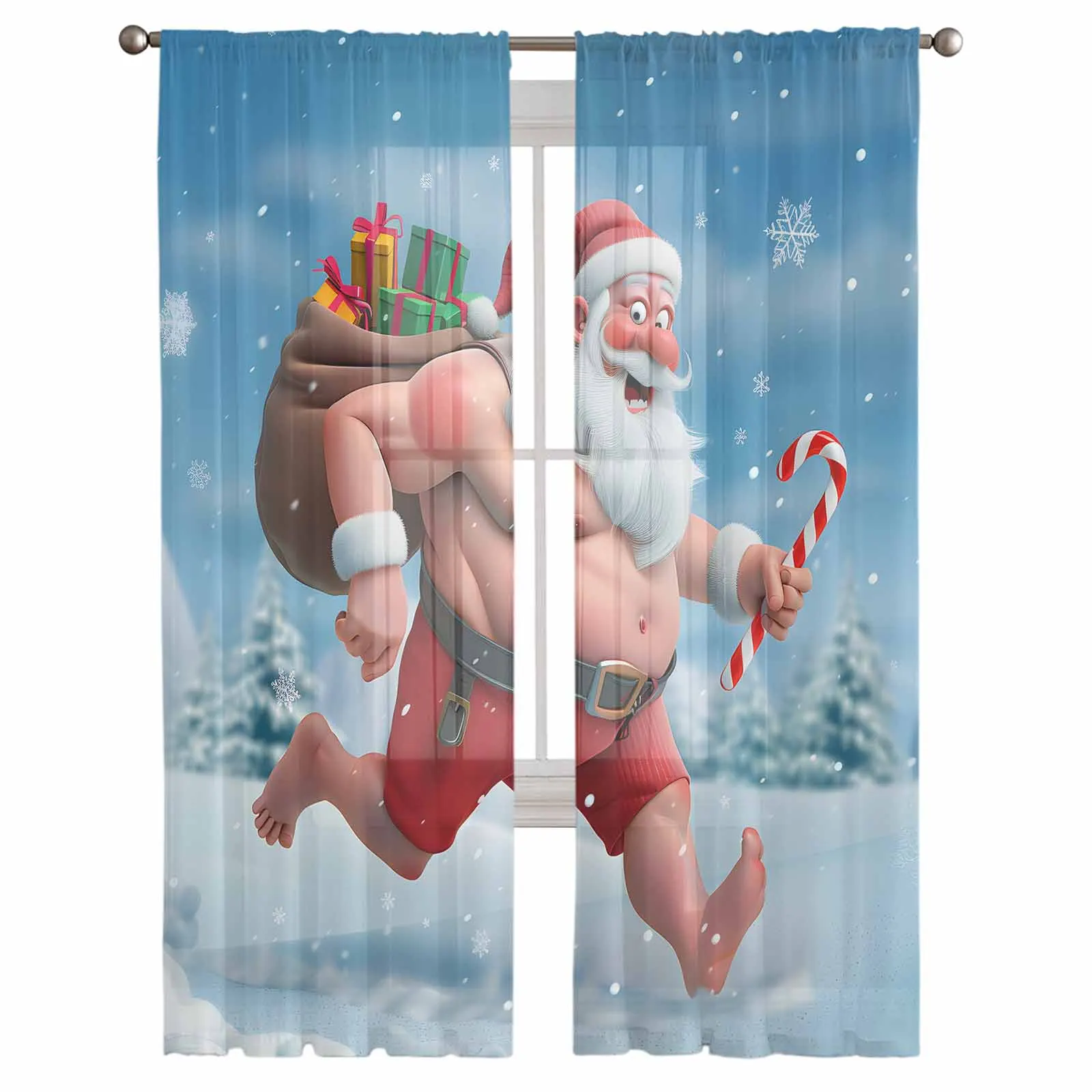 Santa Claus Running Naked On Christmas Day Window Treatment Tulle Modern Sheer Curtains for Kitchen Living Room Curtains Decor