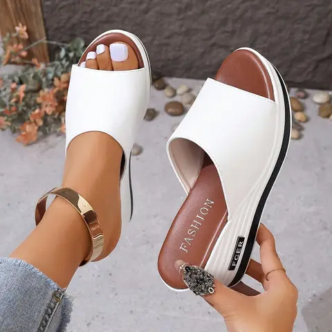 Christmas Wedge Sandals for Women - White One Strap Platform Open Toe Slides, Holiday Casual Comfy Shoes, Best Stocking Stuffer
