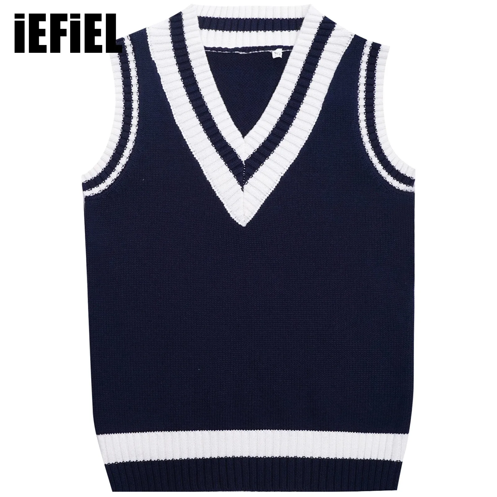 

Kids School Uniform Vest Boys Girls Striped Trim Knitted Vest Casual V-neck Sleeveless Pullover Sweater