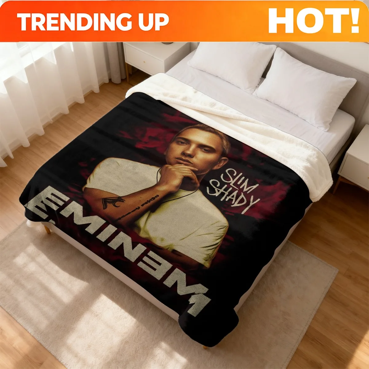 Customize Eminem (Slim Shady) Bedspread/Bed Blanket - Ultrasound Printed Rap Icon Design, Iconic Logo & Rapper Name - Soft Flann