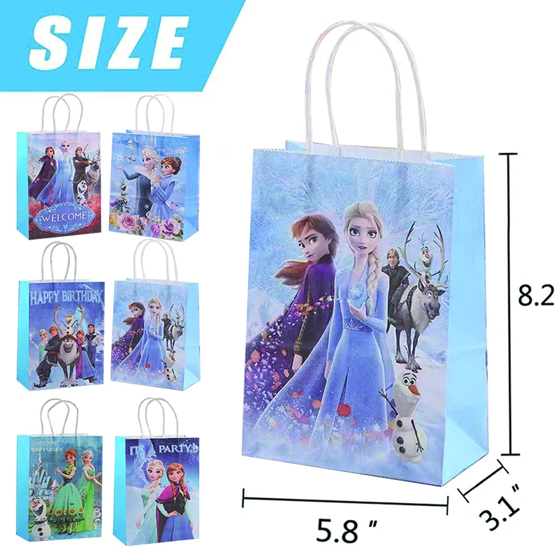 12pcs Frozen Party Gift Bags with Handle Queen Princess Party Kraft Paper Goodie Bag Girls Birthday Party Favors Bag Decorations