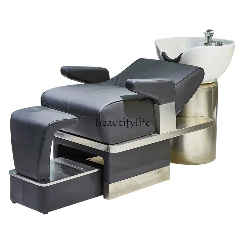 Shampoo bed Stainless steel hairdressing flush bed Simple semi-lying ceramic basin