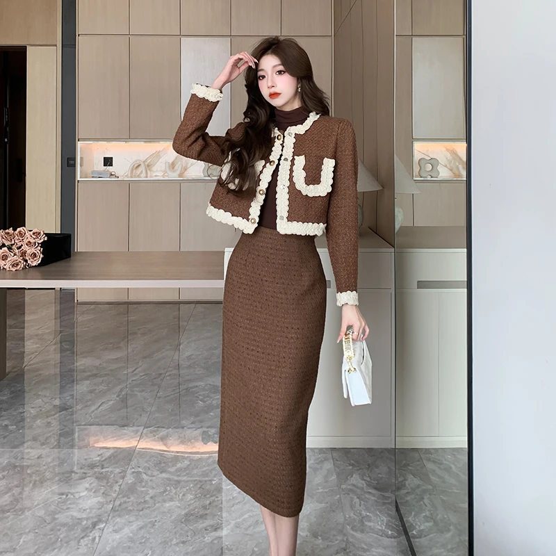 Elegant Luxury Women\'s Tweed Woolen Lace Patchwork Short Jacket Coat + Mid Skirt Suit Two Piece Outfits Autumn Winter Office Set