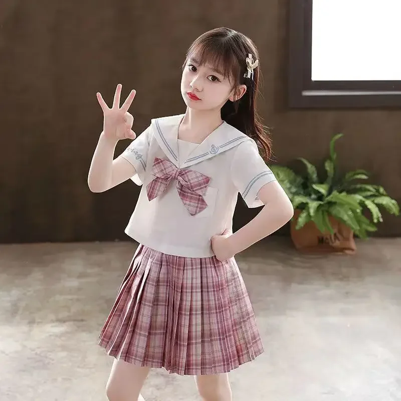 

Girls Teen Pleated Skirt Suits Summer Preppy Style Children's Skirt 2 Pcs Sets Girls Elementary School Uniforms Student Clothes