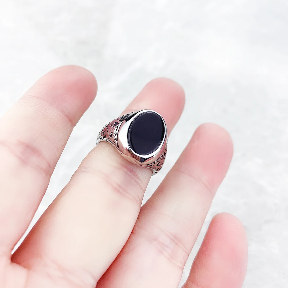 Black Oval Signet Ring Europe Style Fine Jewelry For Women Men Summer Brand New Vintage 925 Sterling Silver Gift