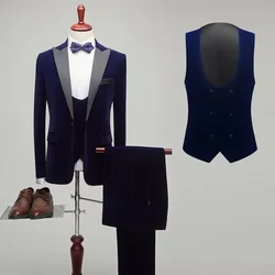 3 Pieces Blue Velvet Men's Suit Peak Lapel Jacket Waistcoat and Trousers Dinner Wedding Tuxedos Slim Fit Formal Business Suits