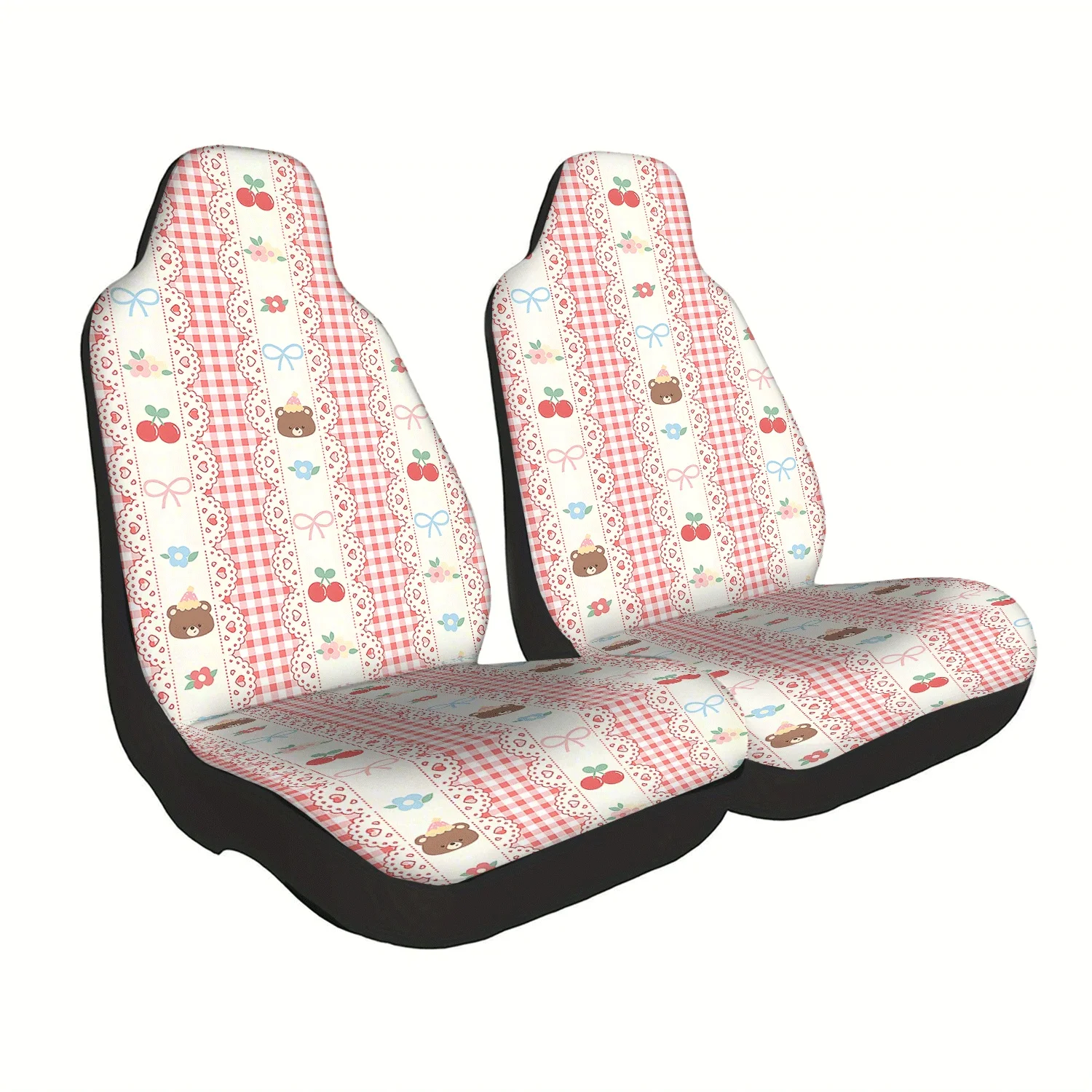 2pcs Bear Cherry Plaid Pattern Car Seat Covers, Suitable For Front Seats, Easy To Install And Clean, Fits Cars, SUVs, Trucks, An