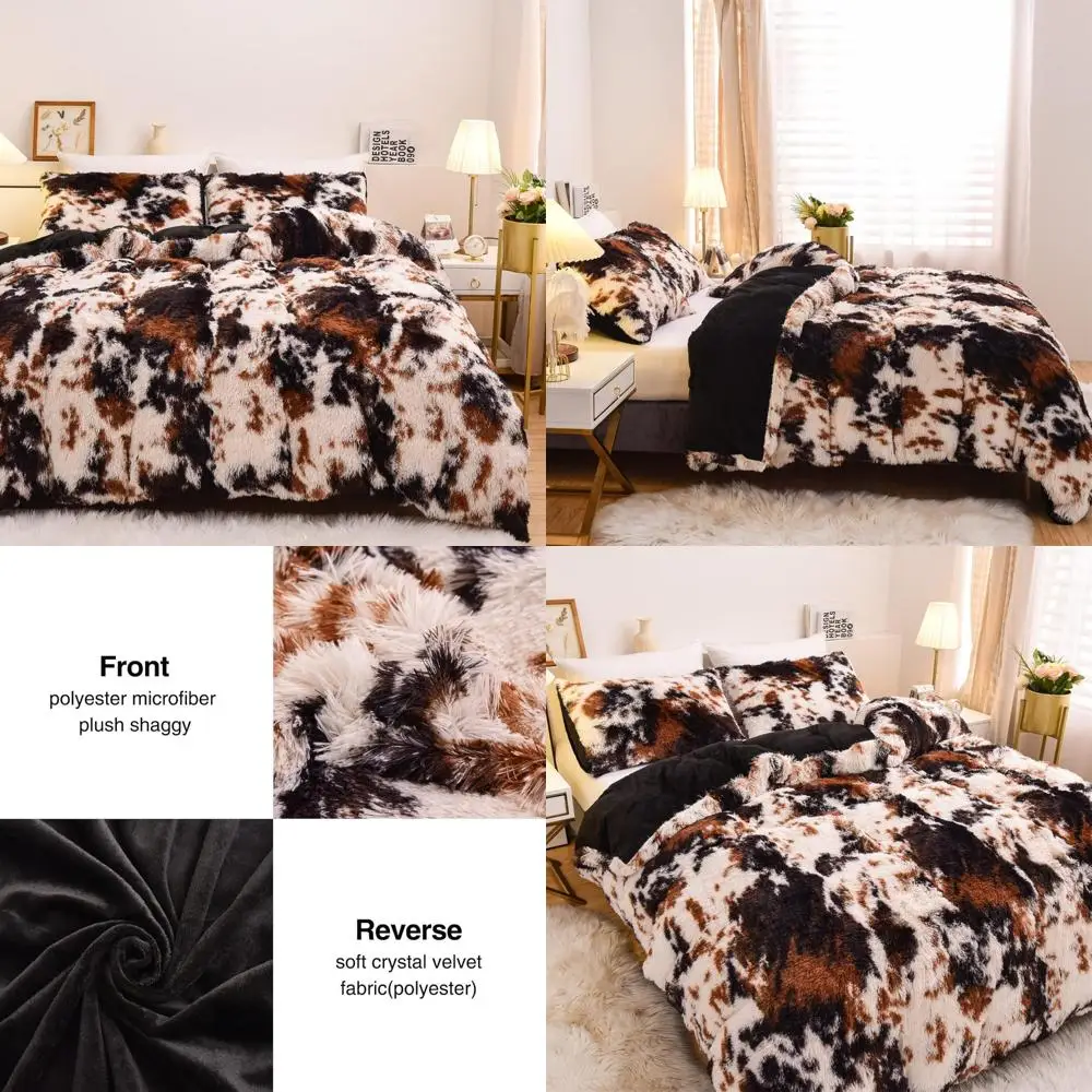 

Super Soft Shaggy Fluffy Tie Dye Brown Black Velvet Bedding Set Faux Fur Fuzzy Comforter Cover for Cozy Nights