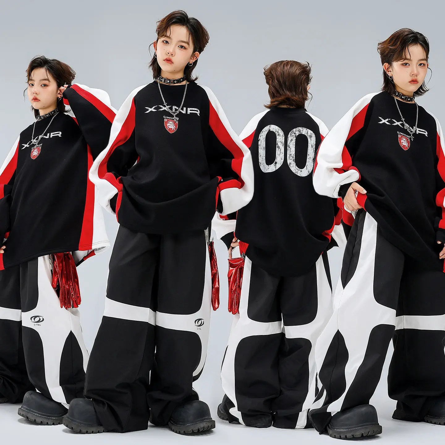 

Детская одежда в стиле K-pop и хип-хоп: черно-красный свитшот, белые широкие брюки с цветными блоками для девочек и мальчиков, костюм для уличных танцев