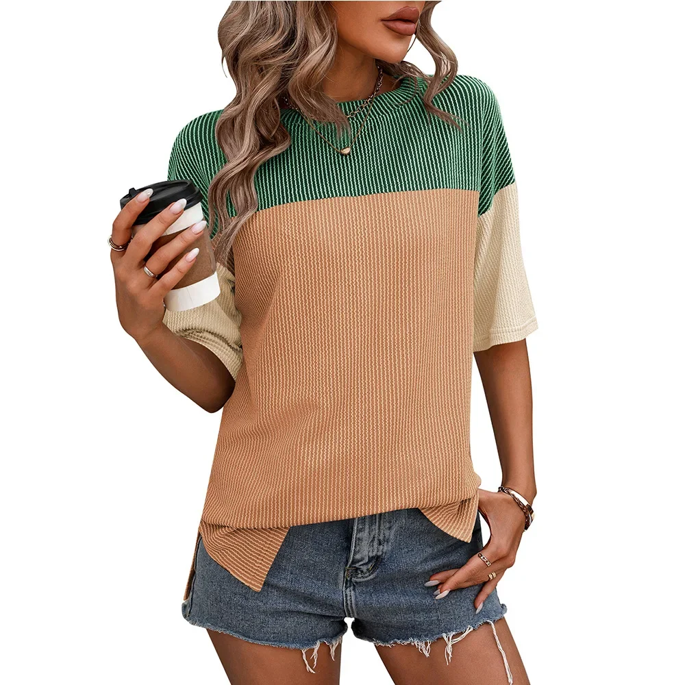 2025 Women's New Summer Top Round Neck Twisted Stripe Color Blocked Short Sleeved Loose T-shirt For Women Soft Comfy Tees Tops