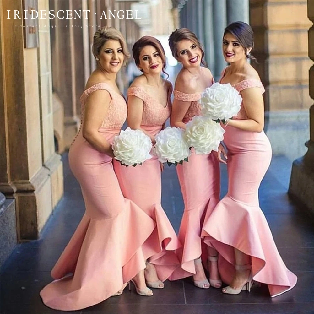 

Iridescent V Neck Off Shoulder Pink Floor Length Cheap Maid Of Honor for Woman Mermaid Bridesmaid Dresses Wedding Party Gowns