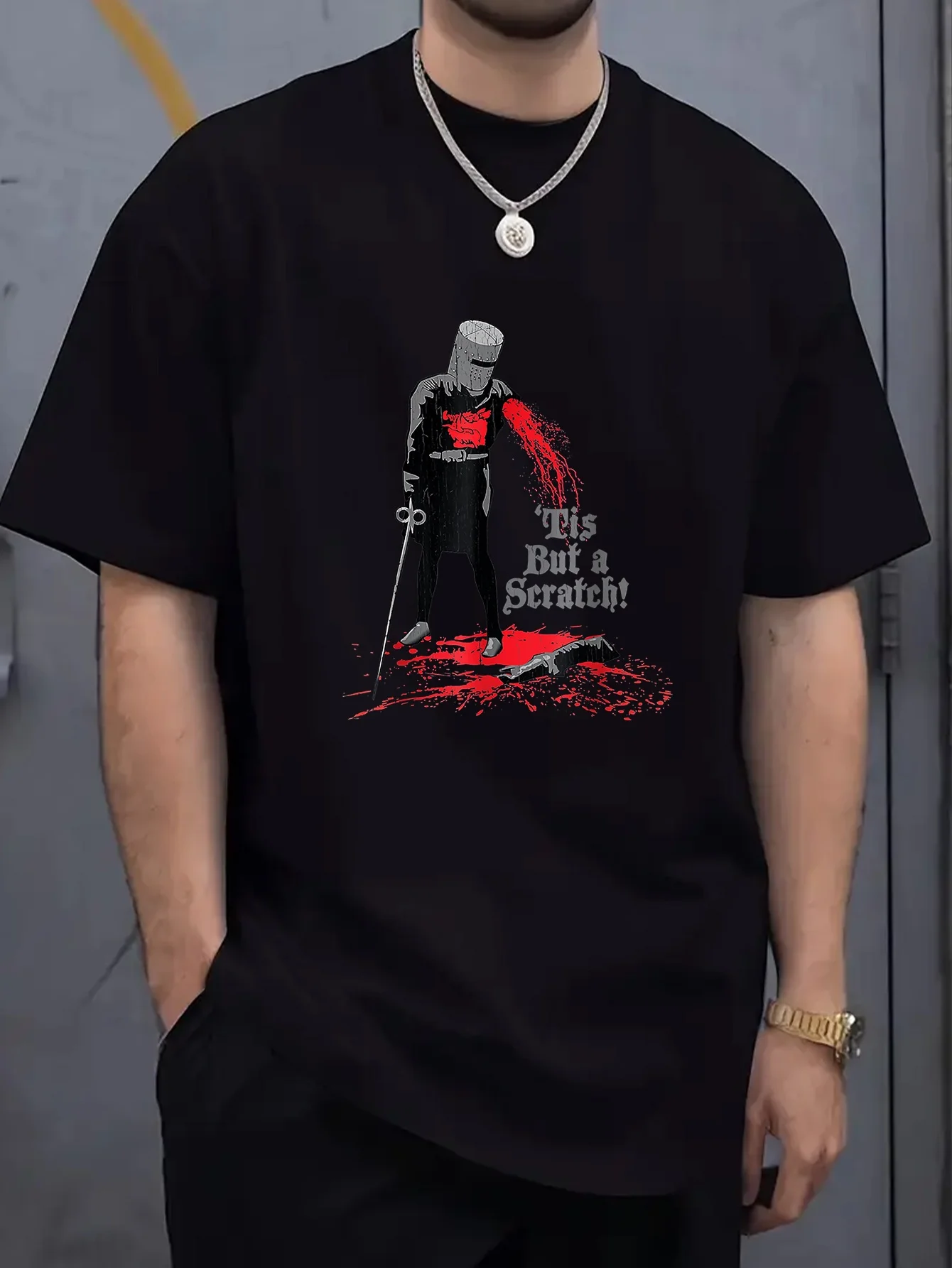 It's Just A Scratch T-Shirt Black Knight Graphic Tee with Red Blood Splatter Design Casual Round Neck Summer Shirt for Adults