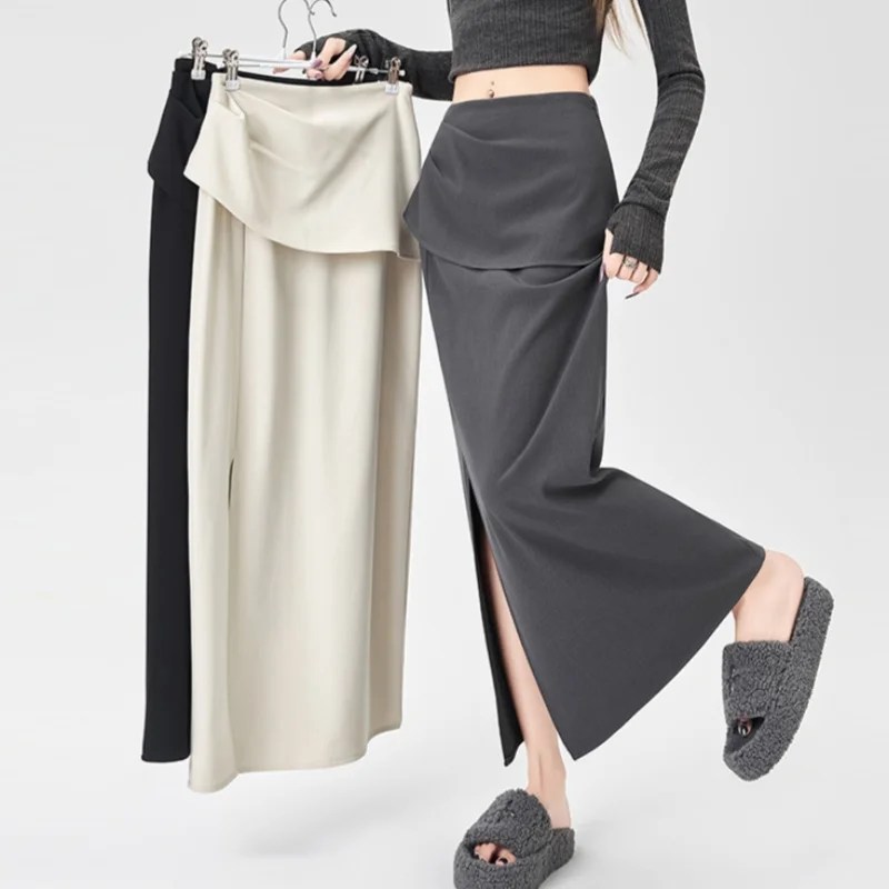 Autunno a vita alta elegante irregolare delle donne A-line Wrap Gonne 2025 nuovo ufficio coreano Split casual allentato gonne lunghe femminile