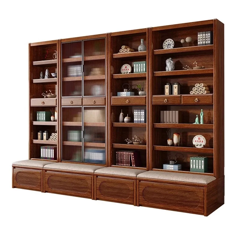 

Golden silk walnut bookcase with glass door Free combination Multifunctional display against the wall