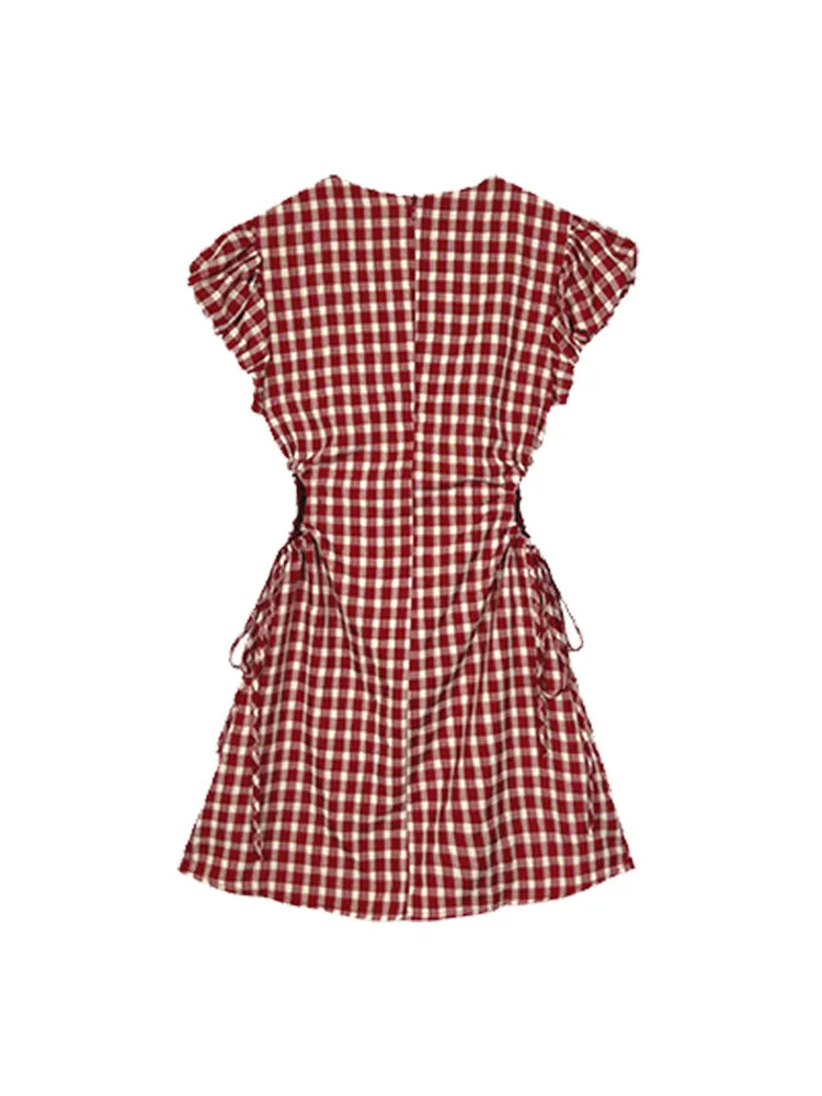 Japanese Prairie Chic Puff Sleeve A-Line Dress Design Sweet O-Neck Bow Mini A-line Dress Women Vintage Plaid One-Piece Frocks