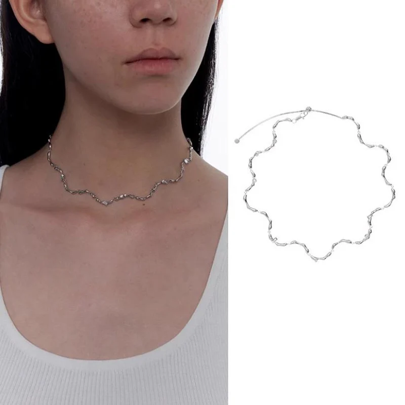 Light luxury Irregular Inlay Zircon Wavy Necklace for Women Trendy Collar Choker Collarbone Adjustable Bracelet Chic Jewelry Set