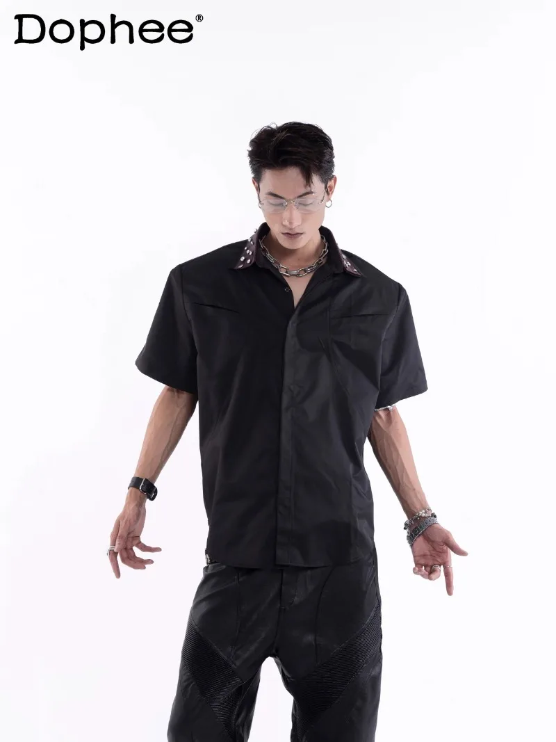 

2026 Summer New Men's Heavy Rhinestone Design Short Sleeve Turn-Down Collar Shirt Stylish Short Men's Shirt Trendy