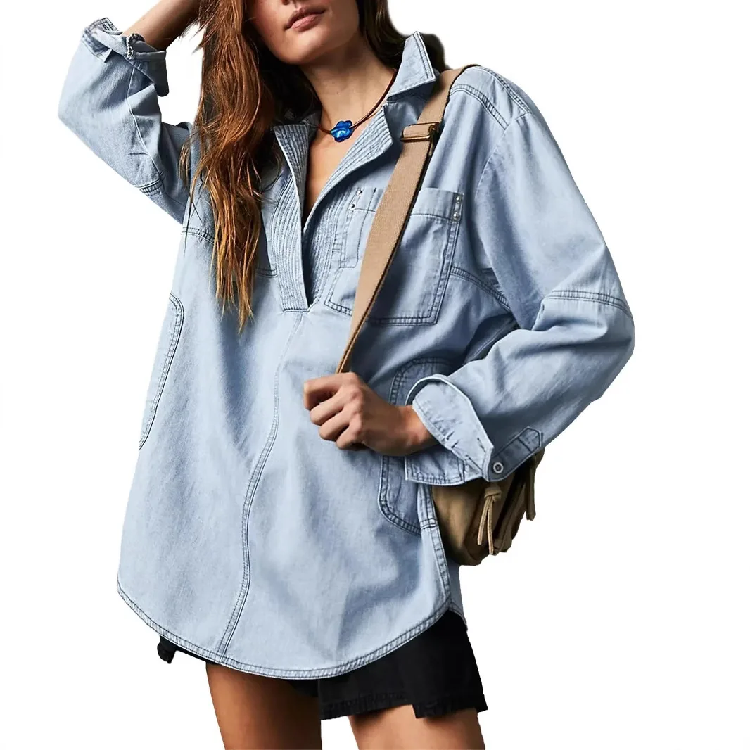 

New Style Collar Fashionable Casual Slimming Denim Long Sleeved Shirt Denim Jacket for Women