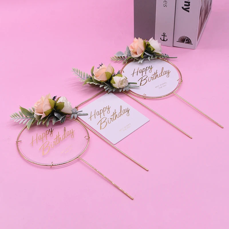 1Pcs Metal Happy Birthday Cake Topper Artificial flowers Cake Toppers For DIY Baby Shower Birthday Party Decoration Baking Decor