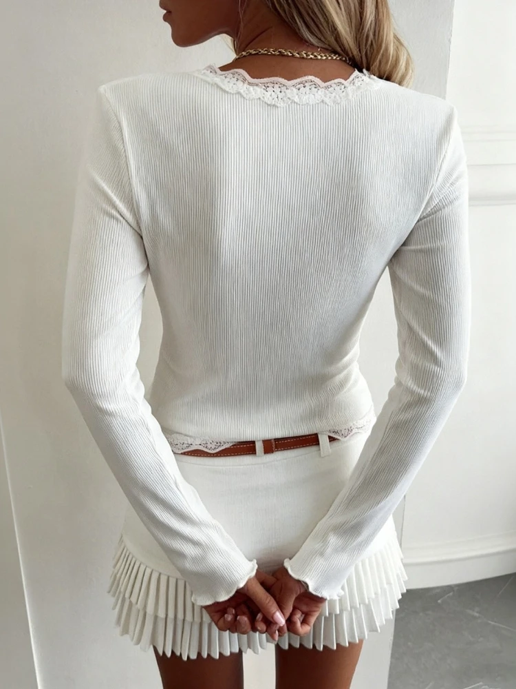 Women's Lace V-Neck Cropped Knit Cardigan - Slim Fit