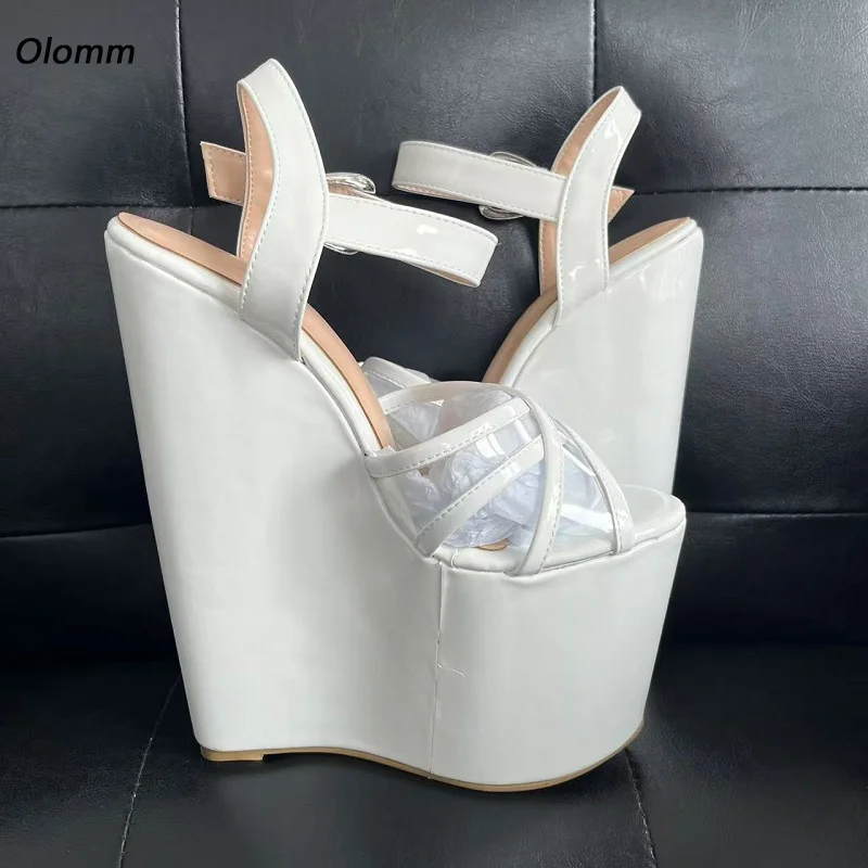 

Olomm/женские летние сандалии ручной работы с прозрачным ремешком на танкетке и круглым носком, красивые белые туфли для вечеринок, женские американские большие размеры 4-15