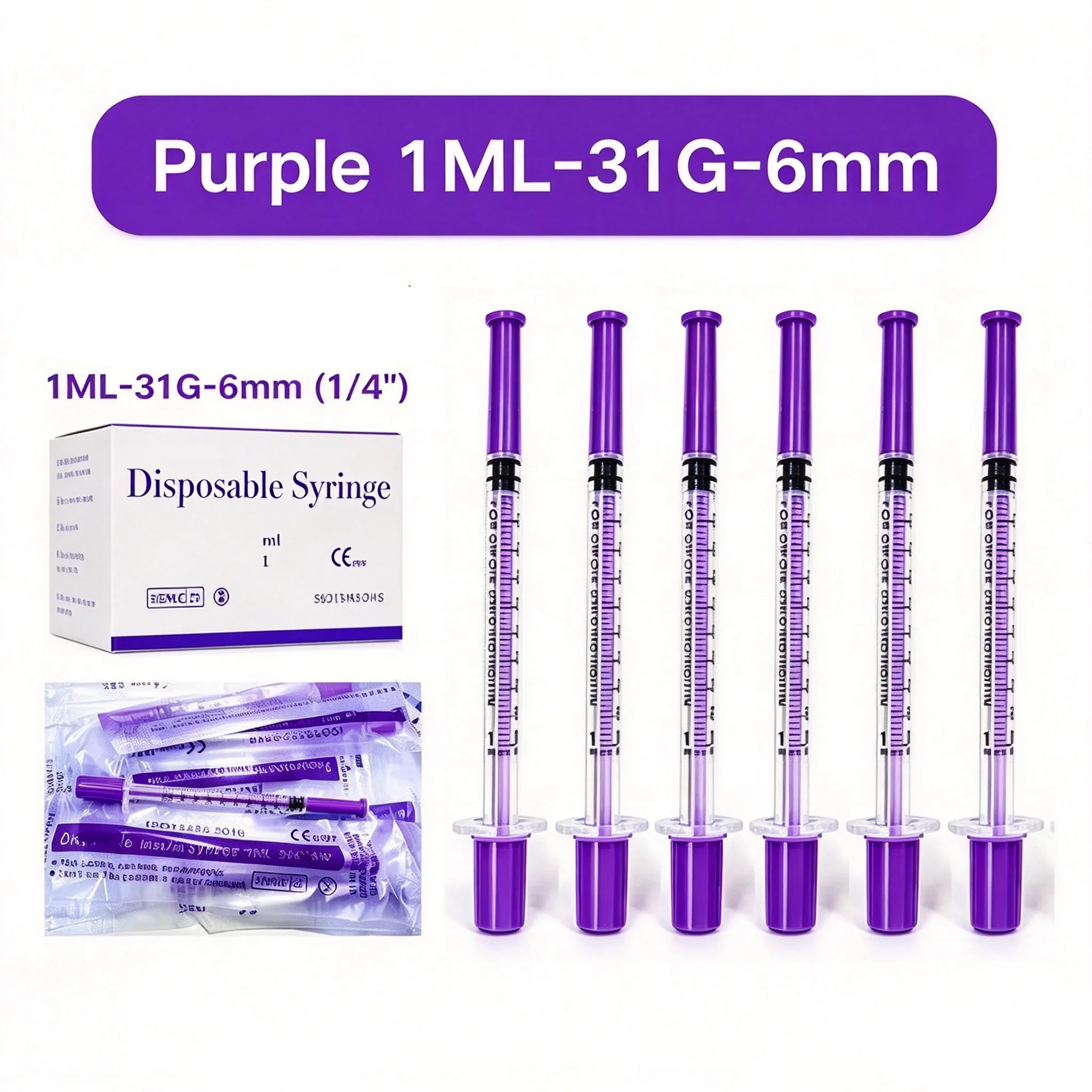 1ml Disposable Syringe 31G 6mm Purple Micro Syringe  For Pet Insulin Feeding Lab Liquid Measuring DIY Craft