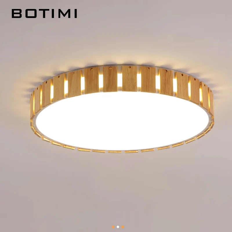 

BOTIMI Dimmable Round Wooden LED Ceiling Lights With Remote Control For Bedroom Solid Wood Surface Mounted Kitchen Lighting