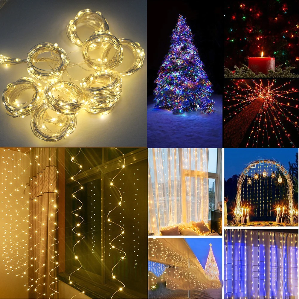 Lumières dégradées de rideau de LED, batterie USB, 62 guirlandes lumineuses, guirxiété de Noël, fête du Nouvel An, mariage, camping, décoration de la maison