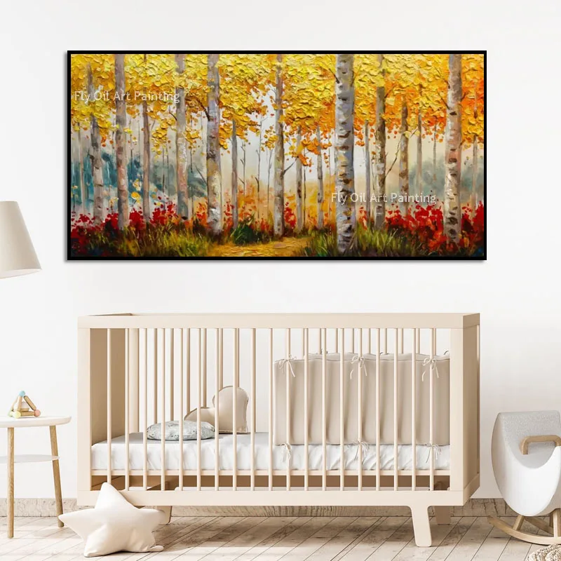 Thick Impasto Hand Painted Landscape Artwork, Vibrant Autumn Birch Grove Oil Painting, Wide Horizontal Canvas Home Wall Decor