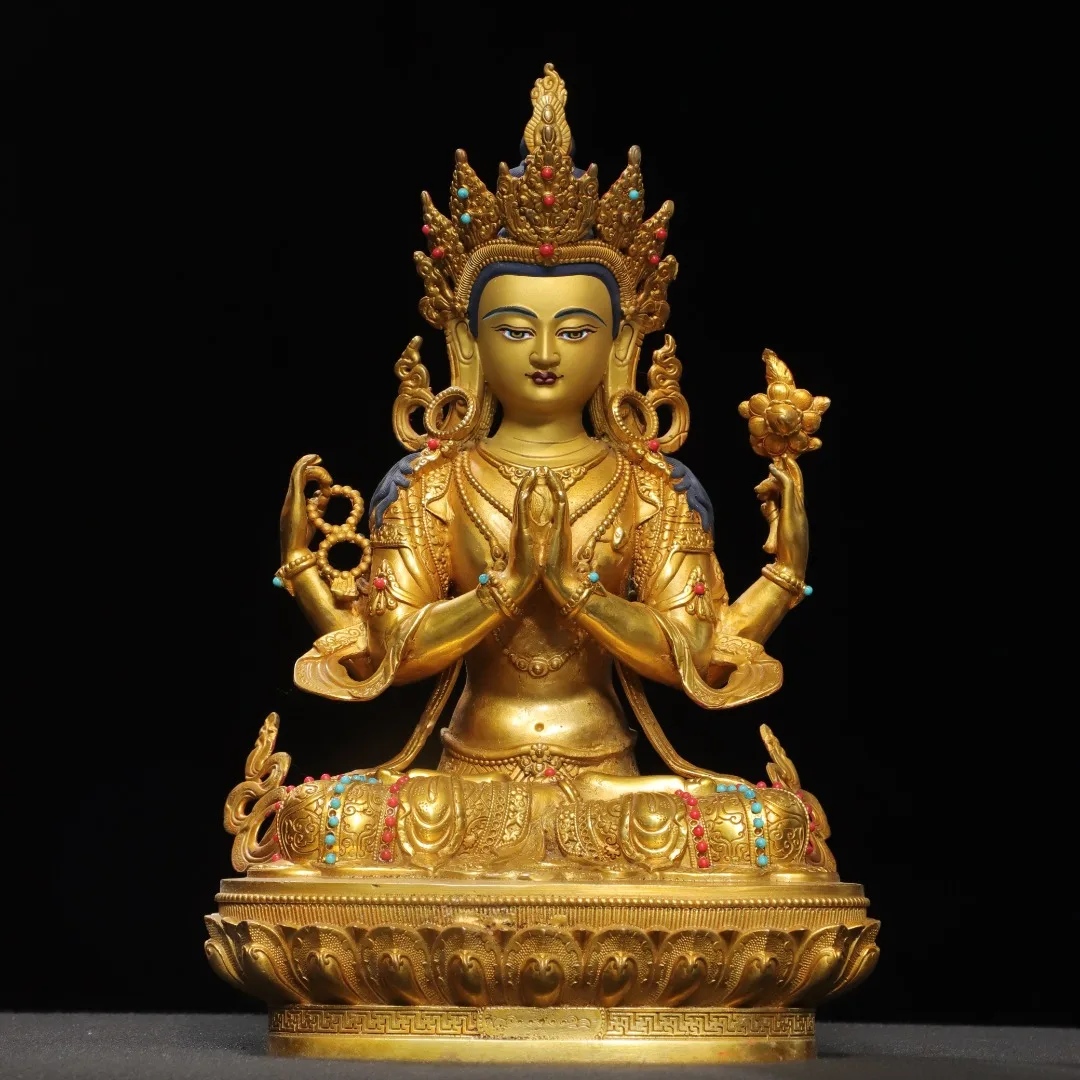 China Collections Old Bronze Gilded Cinnabar Four armed Guanyin  Sitting Buddha Lotus Terrace separable Worship Hall