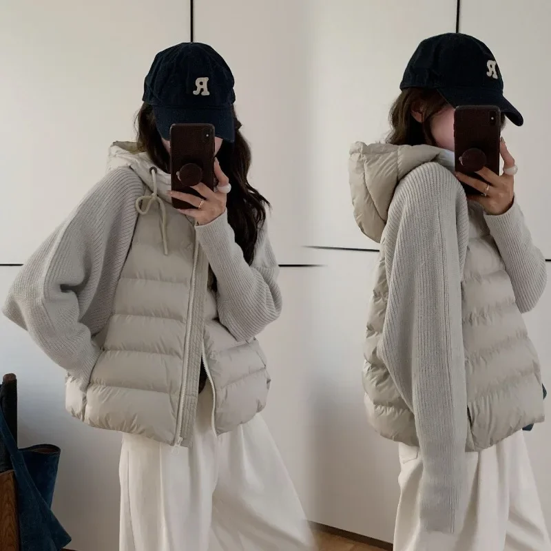 

Womens Knitted Hooded Zipper Cardigan Fake Down Jacket Two Piece Set Casual Fashion Top Outerwear