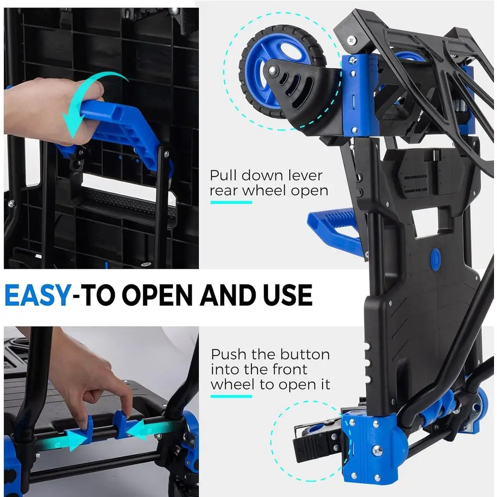 Caminhão manual dobrável resistente com capacidade de 330 lb, carrinho de bagagem 2 em 1 para casa, armazém e movimentos ao ar livre
