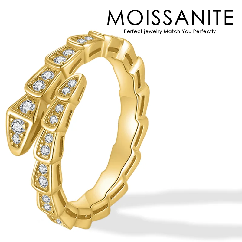 

0.843CTW 18K Gold Plated S925 Sterling Silver Moissanite Snake Ring Open Adjustable Hypoallergenic Nickel-Free GRA Certificate