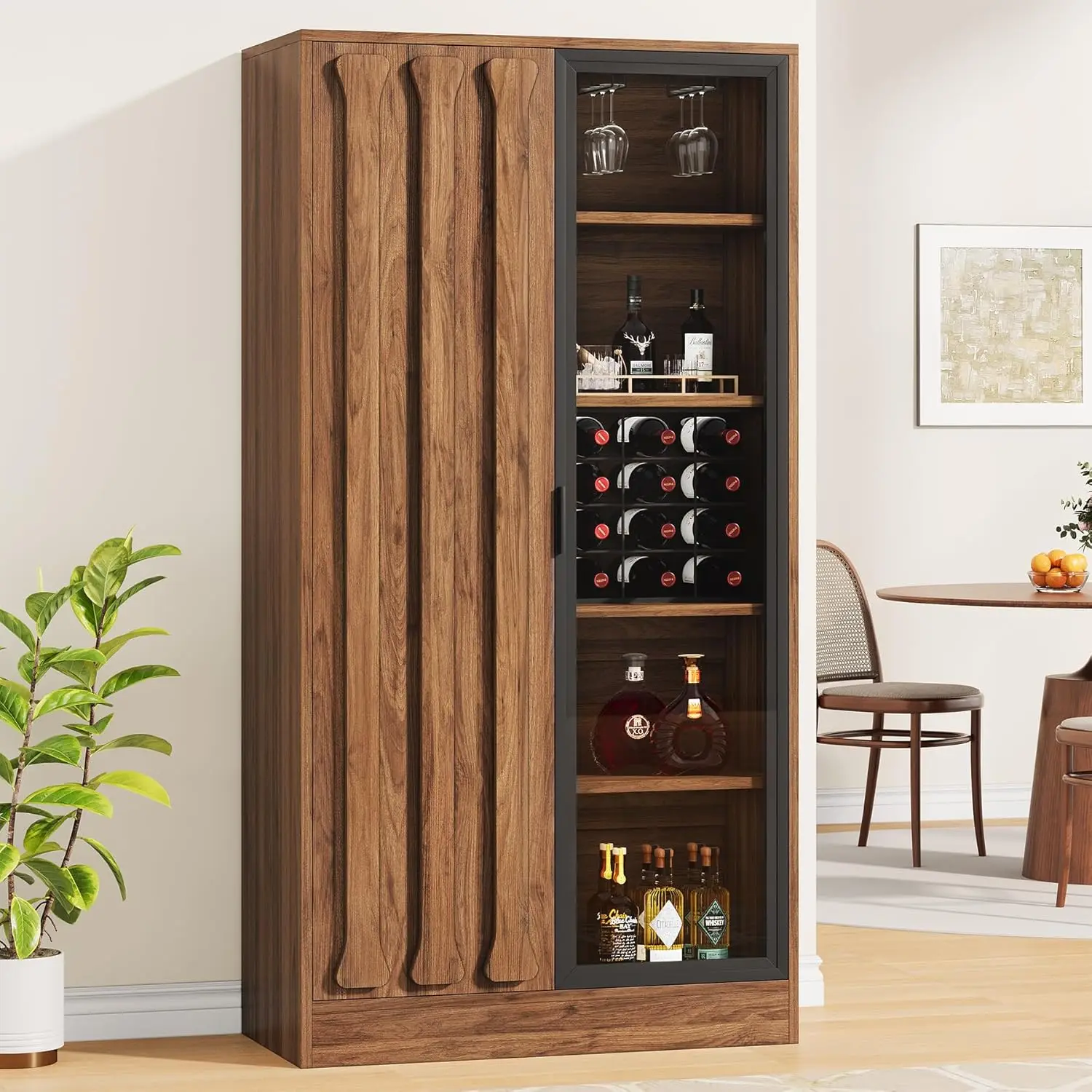 

70”Tall Wine Bar with Wine Rack&Glass Holders, Liquor Storage with Doors&Shelves for Kitchen,Dining Room,Living Room Dark Walnut