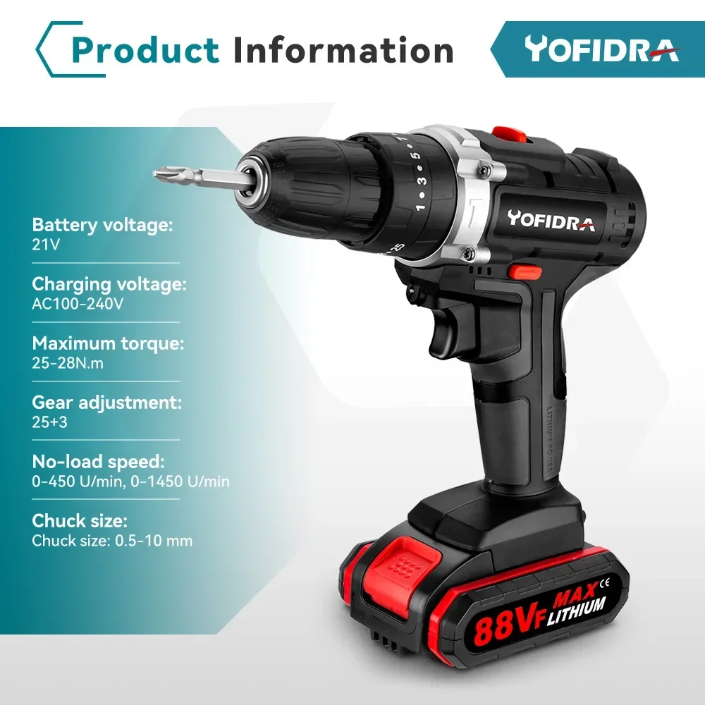 YOFIDRA 25+3 Torque Cordless Electric Impact Drill Screwdriver Efficient DIY Household Power Tool with 24pcs Accessories